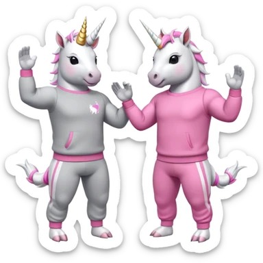 two friendly anthropomorphised male white unicorns with fit, chunky, muscular and strong physiques, arms and legs matching the white of the head, both wearing grey tracksuit pants and pink jumpers, sunglasses, high-fiving each other sticker