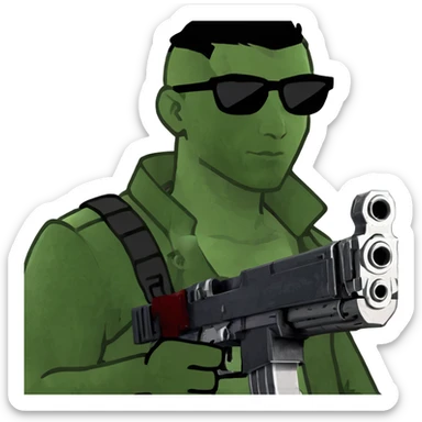 A guy in a red sweatshirt with sunglasses, with stylish black hair, holding a machine gun, and behind his back you can see the inscription: PRED sticker