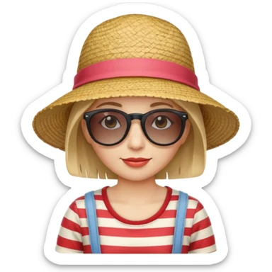 woman with striped clothing sun glasses and straw hat sticker