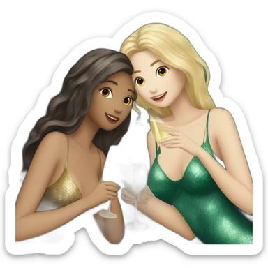 Three beautiful mermaids (two brown hair and blond one) drinking prosecco sticker