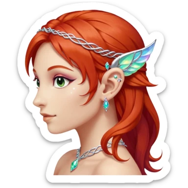 portrait of red haired Elvish fae shiny sparkly iridescent translucent diaphanous ear climber ear cuff sticker