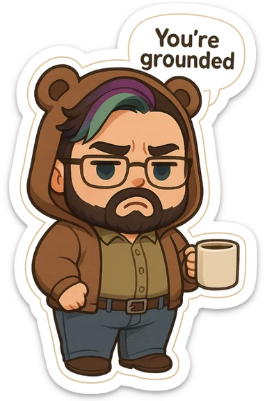 A realism art illustration art style of a plus-sizes man with purple to green ombre streak, black beard, blue eye, glasses, wearing a bear hoodie with ears,  dressed like a dad, holding a coffee mug, You’re grounded speech bubble, frowning  sticker