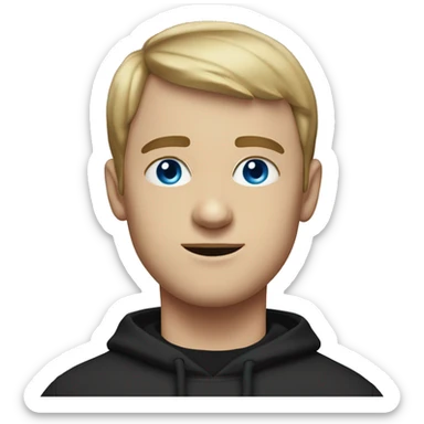 white guy with a short haircut and parted bangs, in black sweatshirt, blue eyes sticker
