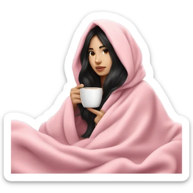 white black hair pretty girl in a pink blanket sippingk coffee wait girl  sticker