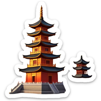Leifeng Pagoda in the Sunset, West Lake Hangzhou, simplified emoji style, traditional Chinese pagoda with sunset glow, cartoon style sticker