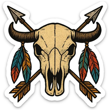 A native American buffalo skull with colourful feathers hanging from both horns and two crossed arrows in the background. Make the skull symmetrical facing the front sticker