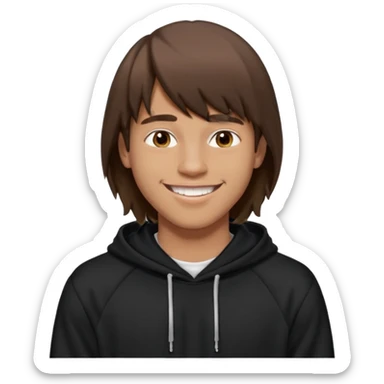 20 yr old man, brown hair, straight, big smile, white teeth, tanned skin, bangs, black hooded sweatshirt, long hair in back, center-parted bangs, big lips sticker