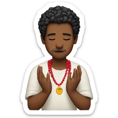 crying man with black hair praying red beads sticker