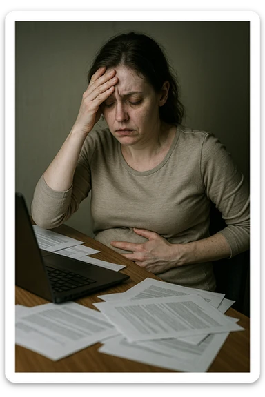 Empathetic photorealistic shot of a woman at her desk, overwhelmed by work. One hand is pressed against her forehead, the other grips her painful, bloated abdomen. Papers are scattered around her. The lighting is harsh and unflattering, emphasizing her pale complexion and the dark circles under her eyes. sticker