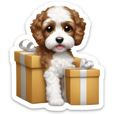 Brown and white cavapoo and gift box sticker