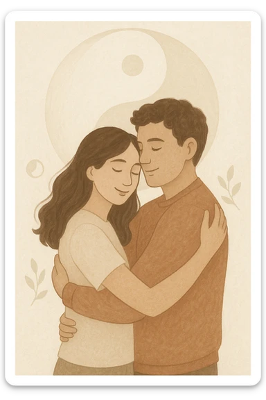 Vertical format: woman and man hugging, light background with symbols of balance like a stylized yin-yang, atmosphere of peace and complicity. sticker