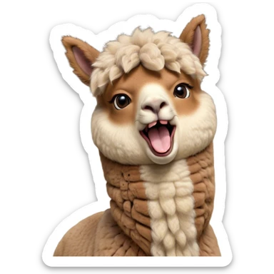 Cinematic Cute Yawning Brown Alpaca Portrait Emoji, Head tilted slightly with a dramatic, wide-open yawn, showcasing a soft, plush brown fleece with gently drooping ears, round warm eyes barely open in drowsy contentment, Simplified yet irresistibly adorable features, highly detailed, glowing with a soft, cozy glow, high shine, relaxed yet expressive, stylized with a touch of whimsy, bright and endearing, soft glowing outline, capturing the essence of a sleepy yet affectionate alpaca, so drowsy it feels like it could stretch out of the screen and curl up for a nap! sticker