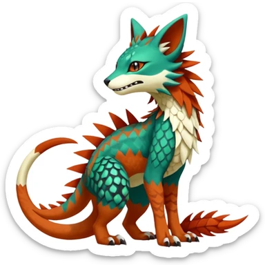 Kawaii cute reddish orangish greenish exotic tribal beautiful pretty elegant divine edgy feline-vernid-sergal-Fakémon-Pokémon-Digimon-fursona-animal-creature with accessories, jewelries, full body, with intricate detailed markings, furs, fins, scales, spiny sticker