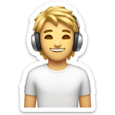 white 20yo guy, wearing a headphone, having a curtain mullet hair, smiling with closed eyes and holding a heart sticker
