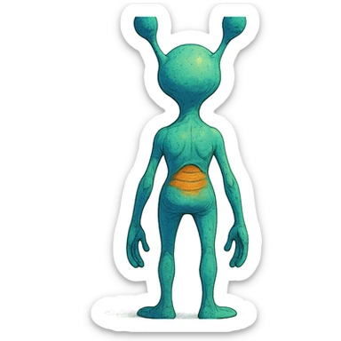 alien, rear view, standing, imaginative style, creative design, stylized illustration, back view, character design sticker