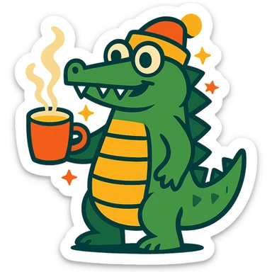 cartoon crocodile with a Bombardino mug steam rising festive atmosphere sticker