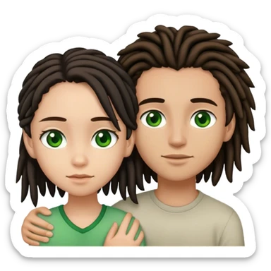 couple holding eachother. the boy is light skinned, short brown dreads, and green eyes. the girl is light skinned, long black hair, and brown eyes. sticker