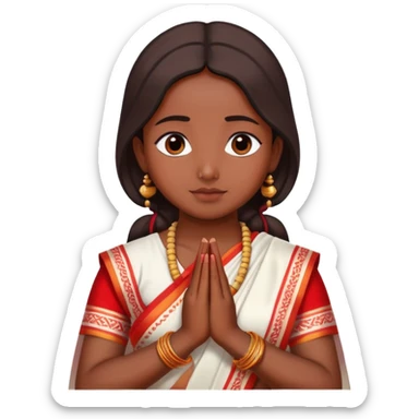 Bengali girl wearing traditional red and white saree with hands joined in prayer position sticker