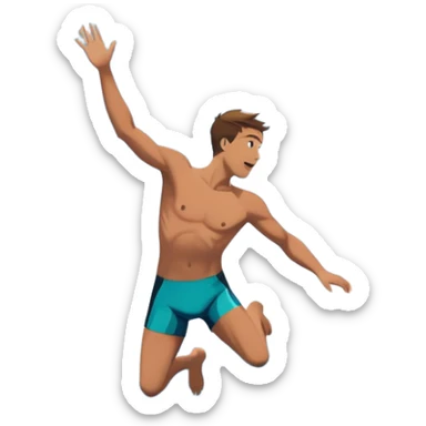 A diver mid-air, plunging from a high cliff into the sparkling ocean below. The background features rugged cliffs, clear blue water, and a bright sky, emphasizing the excitement and danger of the sport with a sense of freedom and adventure. sticker