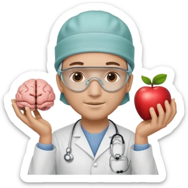 neurosurgeon wearing surgical cap and mask holding brain model, apple emoji style sticker