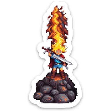 a boy with a flaming sword on a volcano, pixel art style, dramatic lighting sticker