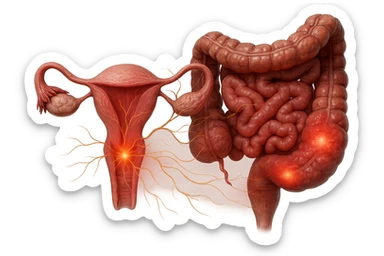 utero umano anatomico iperrealistico e intestino umano anatomico iperrealistico hanno in comune il dolore e l'infiammazione, rendi bene il collegamento tra i due organi doloranti, falla iperrealistica, non disegnata sticker
