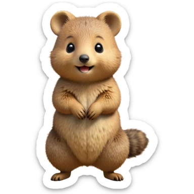 cinematic-quokka-realistic-full-body-standing-emoji,-small-round-frame-balanced-on-tiny-strong-hind-legs,-fluffy-brown-fur-radiating-a-warm-softness,-big-round-eyes-filled-with-joy-and-innocence,-tiny-clawed-paws-held-close-to-chest,-cheerful-smile-exuding-endearing-happiness,-simplified-yet-realistic-focused-features,-highly-detailed,-glowing-with-a-sunny-warmth sticker