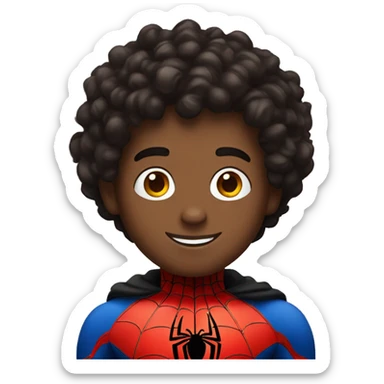 wearing black red spider man costume and has curly hair and smiling sticker