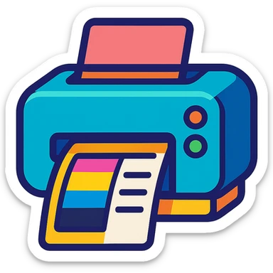 icon of a printer with A4 paper, showing both color and black printouts, vibrant colorful style sticker