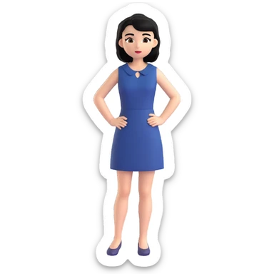 A girl with black hair, dark brown eyes, a beautiful face, short, straight hair to the shoulders, and a navy blue dress. sticker