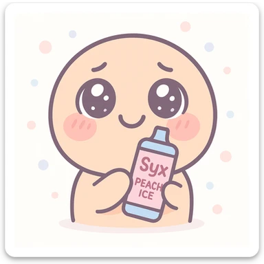 smiling emoji with blushing cheeks, cute begging face, holding a bottle labeled 'Syx Peach Ice', laughing, kawaii style sticker
