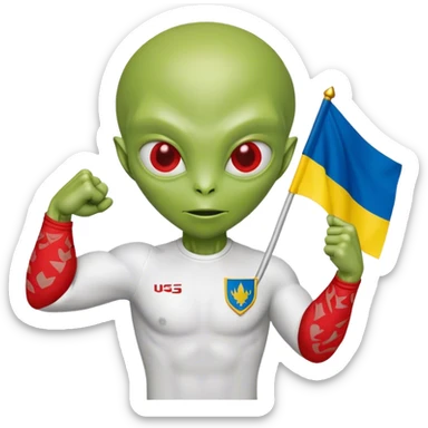 Green alien in Shirt 👚 vyshyvanka, white with red embodiary on sleeved, with 🇺🇦 Ukraine flag in a hand and 💪 sticker