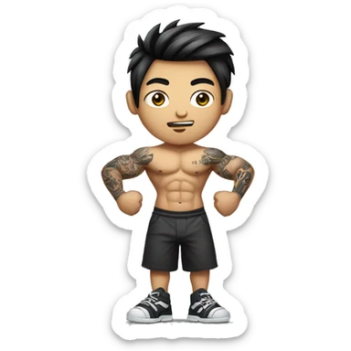 bad boy asian. tattoos. muscles. holding weights. realistic, full body with legs. making the 'rizz' face  sticker