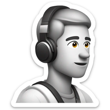 "Black and white minimalist emoji of a vlogger with a camera, wearing headphones, in a side profile pose, capturing a scene. Clean lines and simple design." sticker