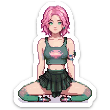 A girl with pink hair, wearing a skirt, sitting sideways on her leg, wearing a crop top, dark theme sticker