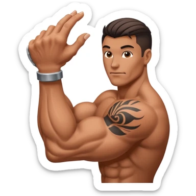 A hand makes a muscle that has a tattoo on it sticker