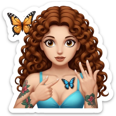 portrait woman long curly brown hair brown eyes white skin tattoos muscular build butterfly landing on finger sticker