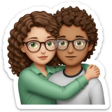 Girl with green eyes and wavy hair hugging a boy with brown eyes and brown curly hair with glasses  sticker