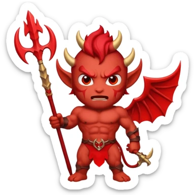 Emoji-style devil: red skin, horns, muscular body, red trident, angry face, same cute emoji style as the angel. sticker