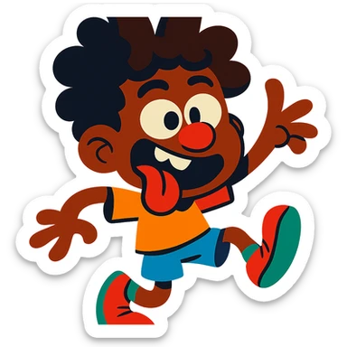 black boy with big, unruly curls, exaggerated features, fun and silly cartoon style, vibrant colors sticker