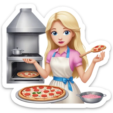 Cinematic realistic beautiful blonde with long hair, blue eyes and pink lips in a white dress cooks pizza sticker