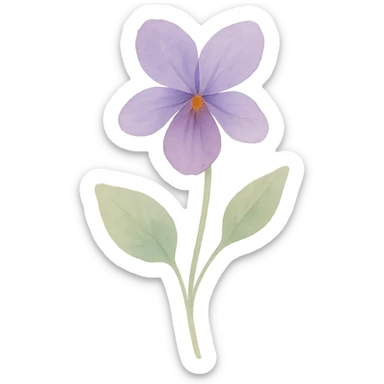 purple violet with stem and leaves, luminous colors, gentle blending, realistic botanical illustration sticker