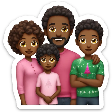 Black family posing in front of pink Christmas tree sticker