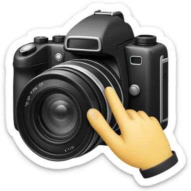 Minimalist emoji-style sticker of a photo camera ejecting a photo, but a hand comes out instead. Black and white, surreal icon. sticker