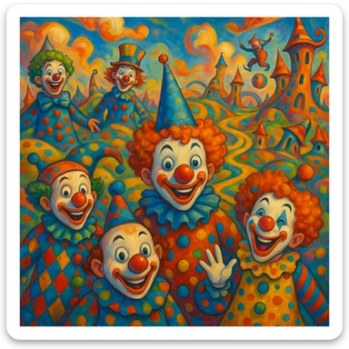 a surreal clown world, with colorful clowns, whimsical landscapes, and playful chaos, vibrant and imaginative sticker
