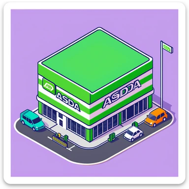 Isometric ASDA supermarket exterior with green facade, click and collect pickup point, and British number plate cars in car park sticker