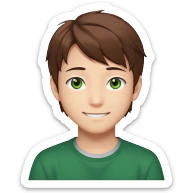 the face of an Anime asian style teen boy with brown hair, green eyes, looking smiling slightly sideways positioned. Face must be main filling of the frame.  128px sticker