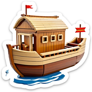 Huge empty wooden Lego Noah's ark ship on water, wide and spacious, no occupants, realistic details sticker