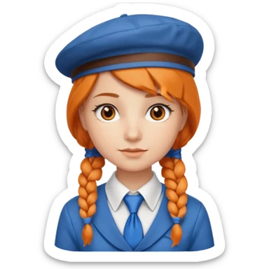 orange braided hair girl, wearing white shirt, Blue Necktie, and a brown berret Hat sticker