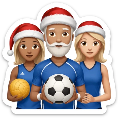 3 atletas, um homem no meio e duas mulheres com cores de pele diferentes, usando elementos esportivos, bola de futebol e bola de vôlei. Coloque um chapéu de papai noel das cores verde e com roupas azul e branco sticker